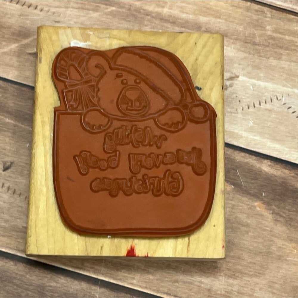 RARE LIMITED EDITION 6521Q DOUBLE WOOD MOUNT RUBBER STAMP TEDDY BEAR CHRISTMAS